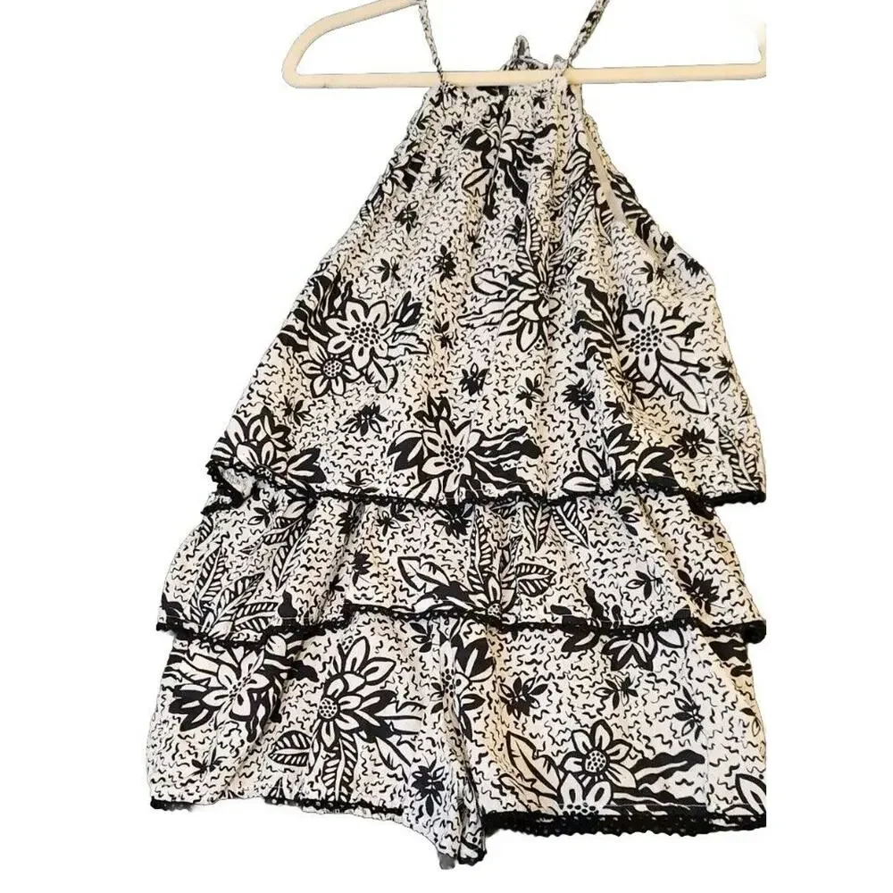 Urban Outfitters‎ Sz M Women Black White Floral Tiered Halter Neck Romper Mini
